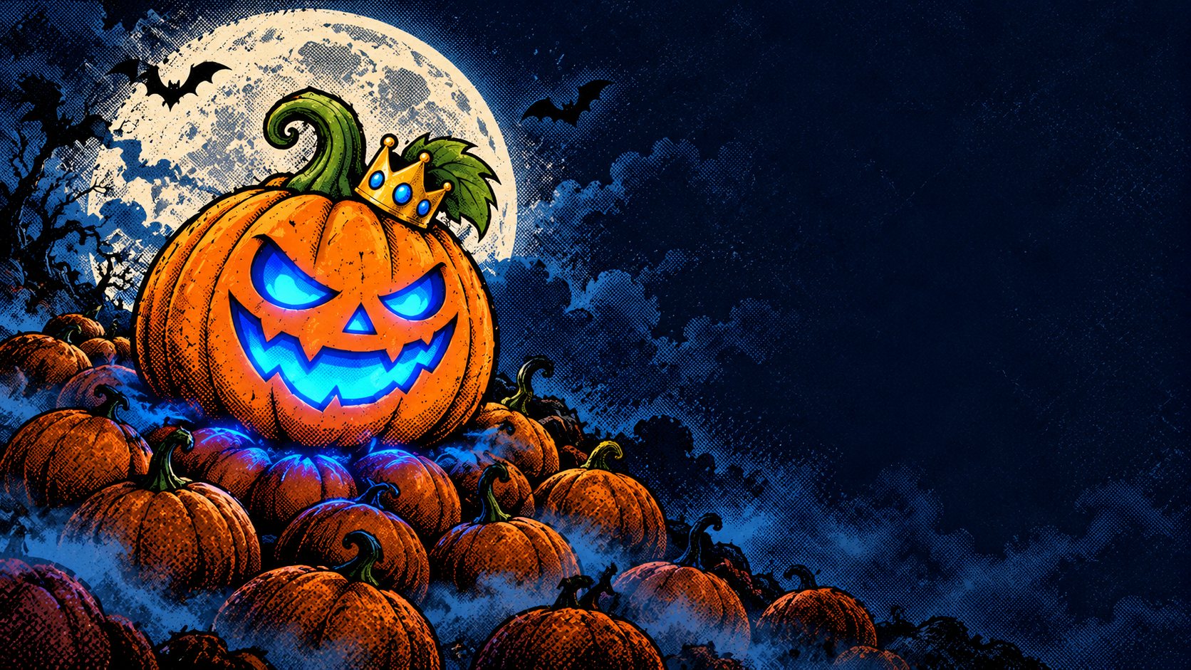 Ulti o'Lantern, a crowned pumpkin with a glowing blue face, on a hill of pumpkins under the moon